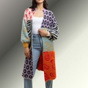 NWT Fabulous SAACHI Multi Print Open Front Stand Out Long Fuzzy Cardigan